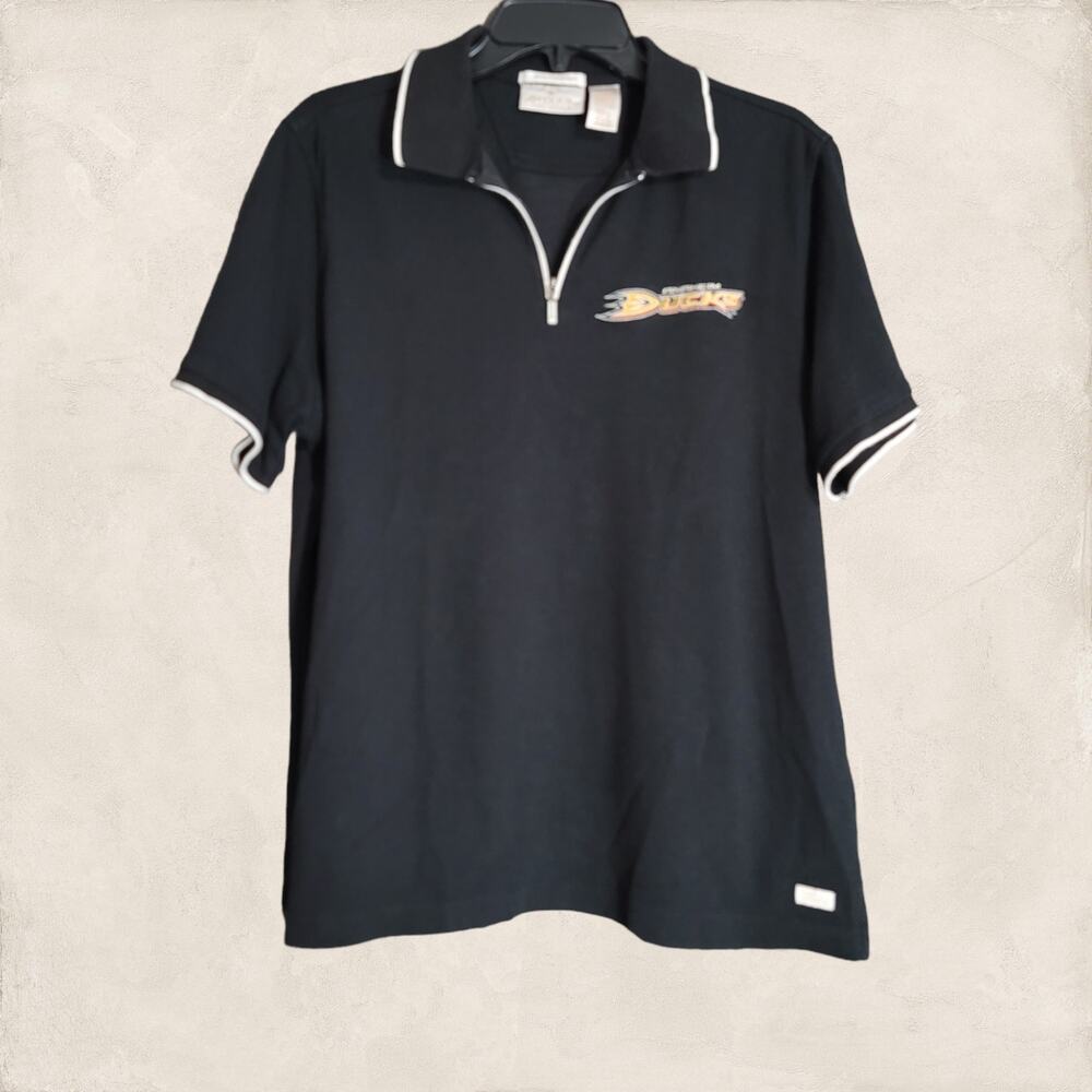 Vintage Antigua Anaheim Ducks Women's Hockey Black Polo Top Size Large